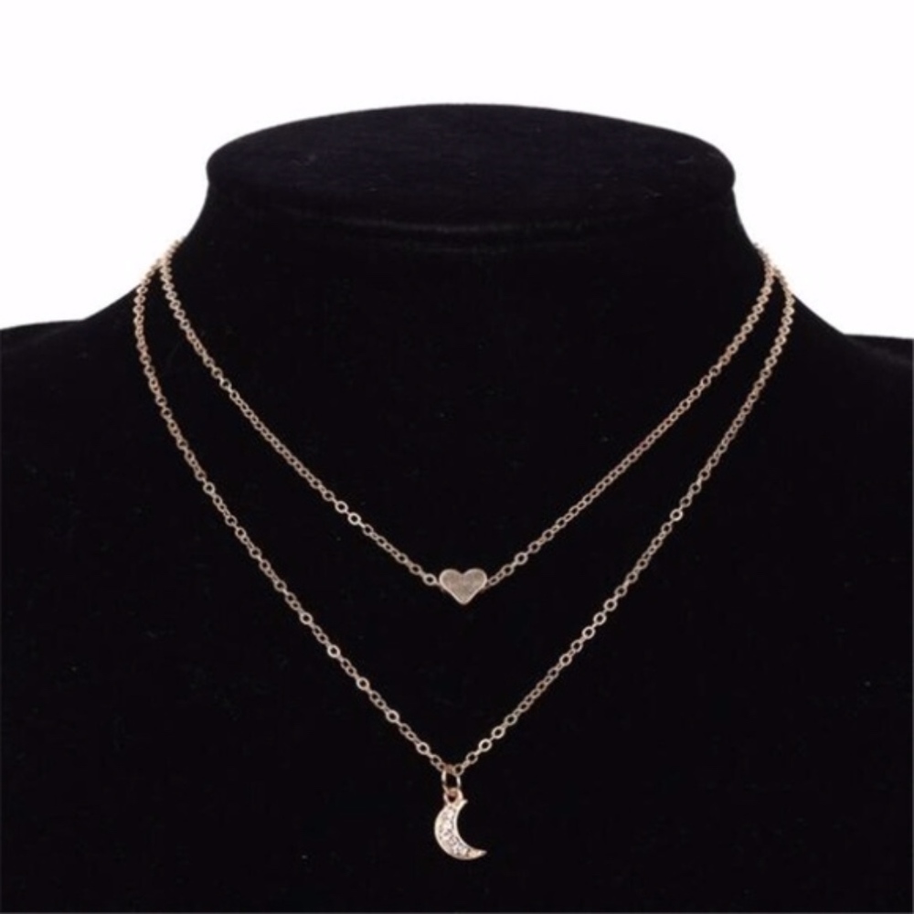 Gold Color Heart and Moon Multi-layer Necklace - Picture 3 of 7